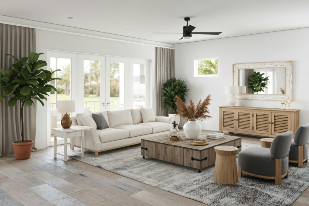 Styled short-stay living room with a cream sofa, timber coffee table, rug and indoor plants, ready for listing photos